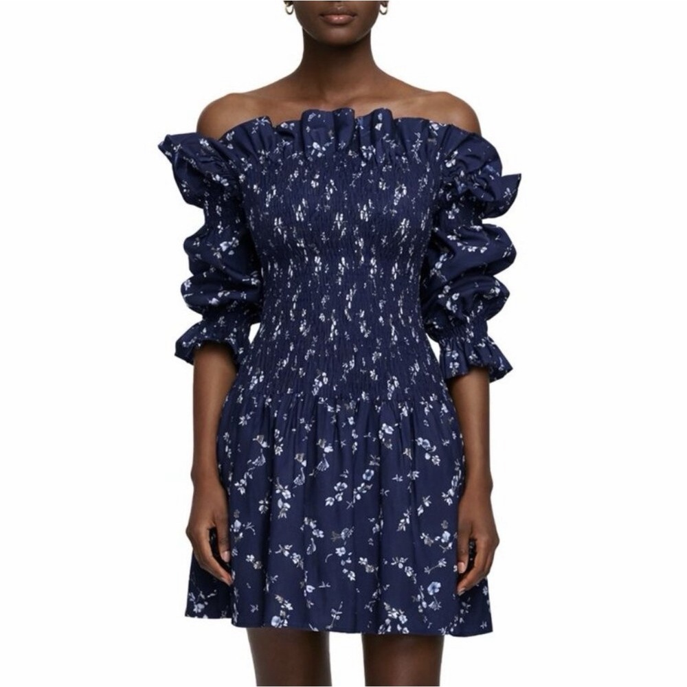 Rebecca Taylor Francine Off The Shoulder Cotton Smocked Floral Dress Sz 0